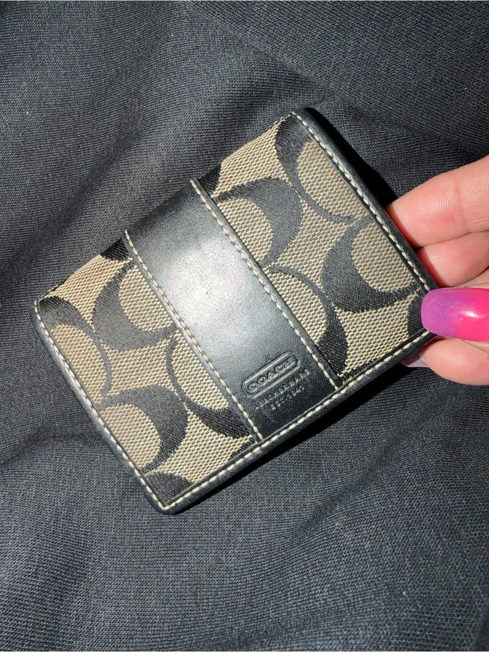 Coach Signature Canvas Compact Wallet in Black and Tan